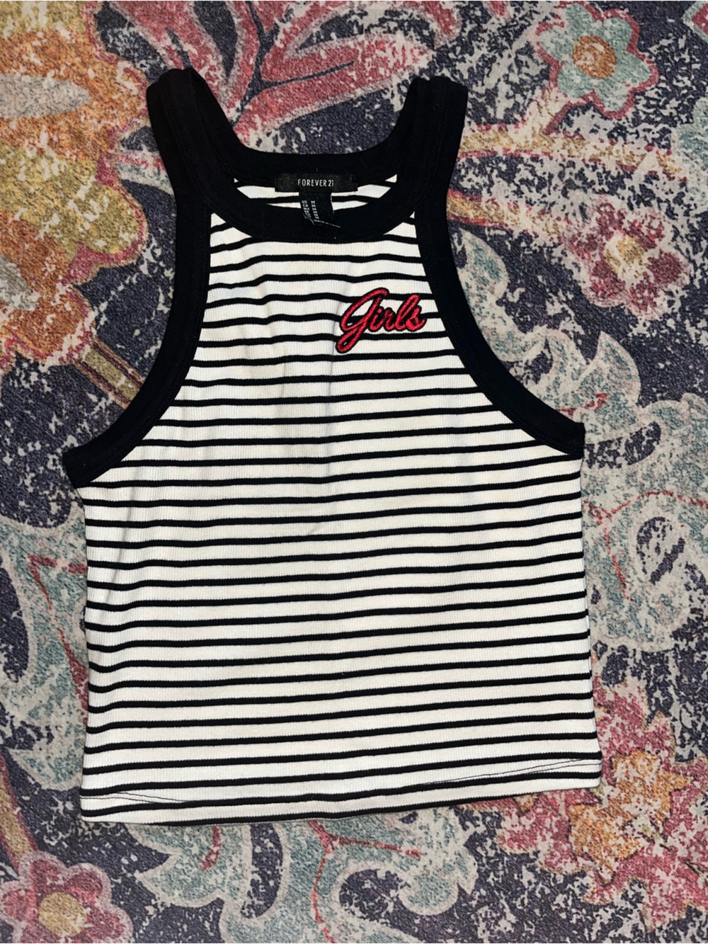 Forever 21 Black & White Striped Cropped Tank with Red 'Girls' Patch
